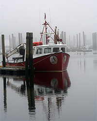 fishing boat docked ion foggy morning